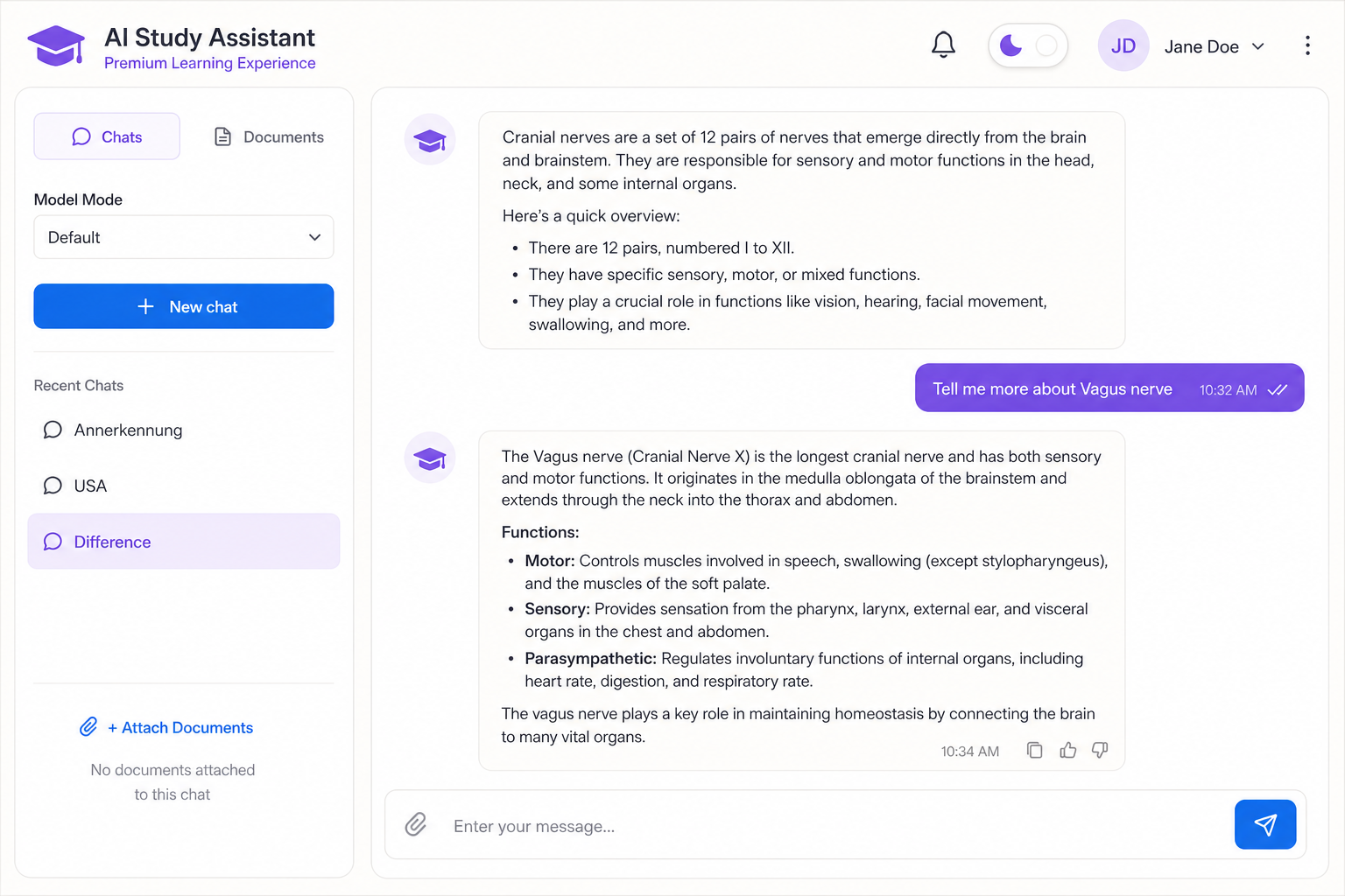 AI Study Assistant interface with chat sidebar, document attachments, and a tutoring conversation about cranial nerves